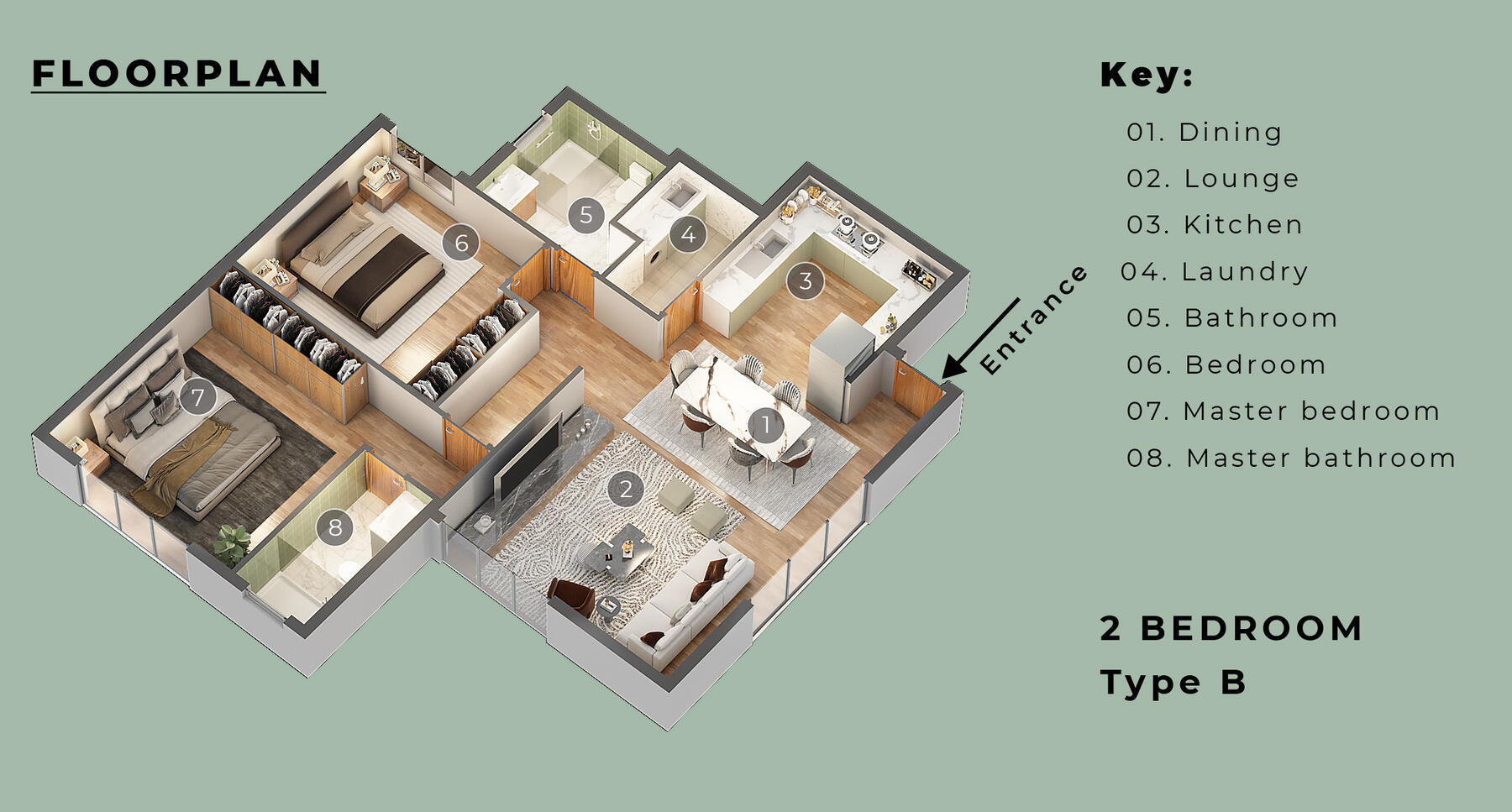 3D floor plan of the 2 Bedroom Type B apartment